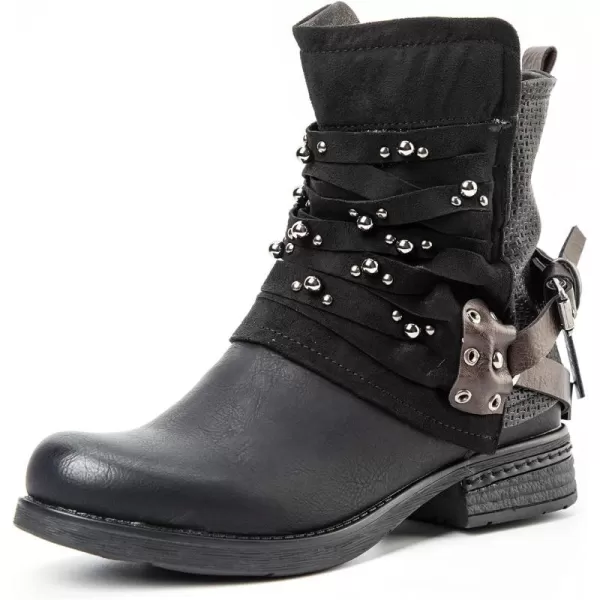 LALA IKAI Women Motorcycle Boots Ankle Combat Boots with Studded Low Block Heels Biker Shoes