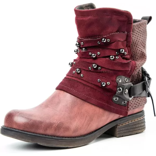 LALA IKAI Women Motorcycle Boots Ankle Combat Boots with Studded Low Block Heels Biker Shoes