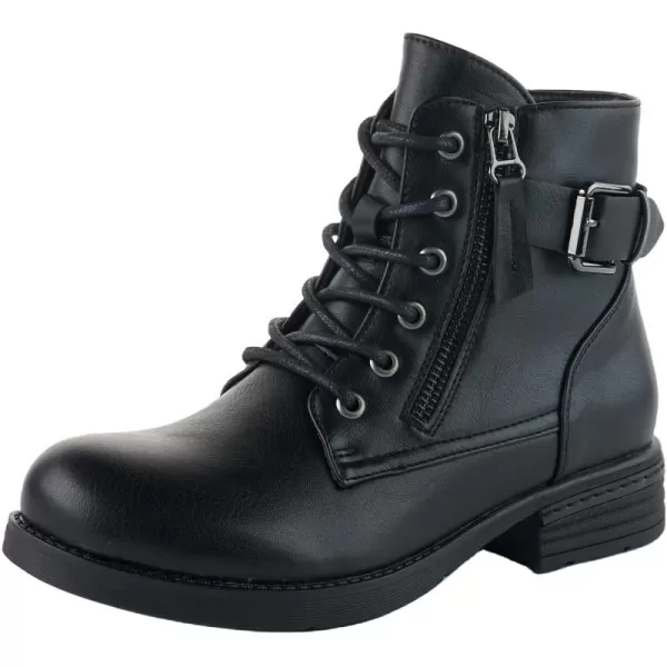 LALA IKAI Women Motorcycle Boots Combat Ankle Combat Boots with Studded Low Block Heels Biker Shoes Black/Gray/Brown