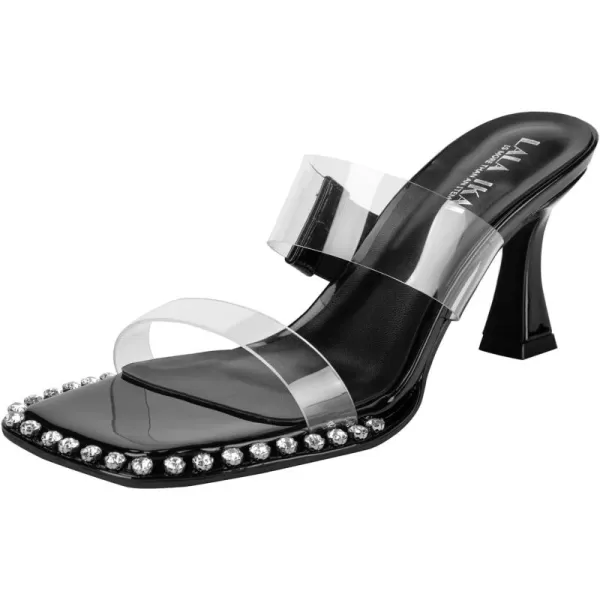 LALA IKAI Women's Clear Square Toe Sandals Rhinestone Open Toe Heels Two Strap Slip On Mules Party Wedding Dress Shoes