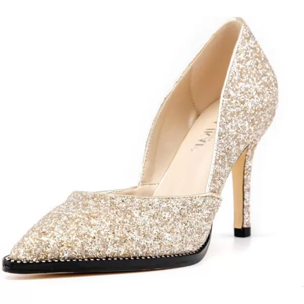 LALA IKAI Women’s Pointed Toe Pumps Gold Glitter High Heels with Rhinestone Stiletto Wedding Party Dress Shoes