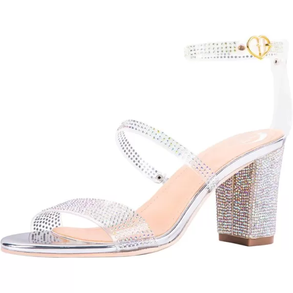 LALA IKAI Women's Rhinestone Ankle Strap Heels Transparent Strappy Buckle Pumps Open Toe Block Chunky Mid Heels for Wedding Party Dress