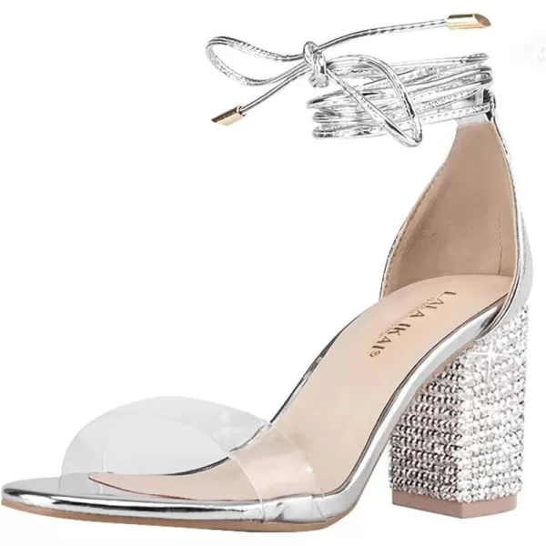 Women's Heels Chunky High Heels Sandals for Women Comfy Open Toe Strappy Rhinestone Heeled White Silver Gold Black Ankle Clear Dress Shoes