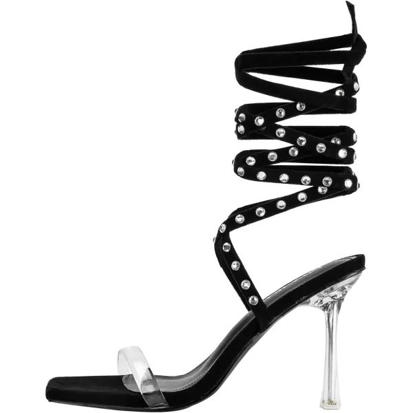 LALA IKAI Women's Clear Strap Stiletto Sandals Square Open Toe Transparent Strappy Heels Lace up Party Dress Shoes
