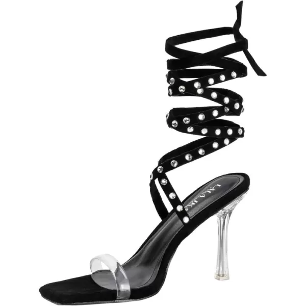 LALA IKAI Women's Clear Strap Stiletto Sandals Square Open Toe Transparent Strappy Heels Lace up Party Dress Shoes
