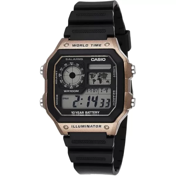 Casio AE1200WH Series  Mens Digital Watch  100M WR  Multi Alarms  100 SEC Stopwatch  Countdown Timer  World Map for World Time  LED Light  LC Analog Display  10 Year BatteryBlack