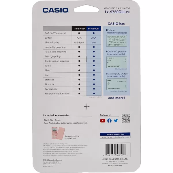 Casio fx9750GIII Standard Graphing Calculator Python and Natural Text Book Display BlackPink