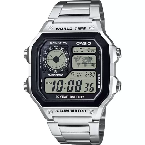 Casio AE1200WH Series  Mens Digital Watch  100M WR  Multi Alarms  100 SEC Stopwatch  Countdown Timer  World Map for World Time  LED Light  LC Analog Display  10 Year BatterySilve