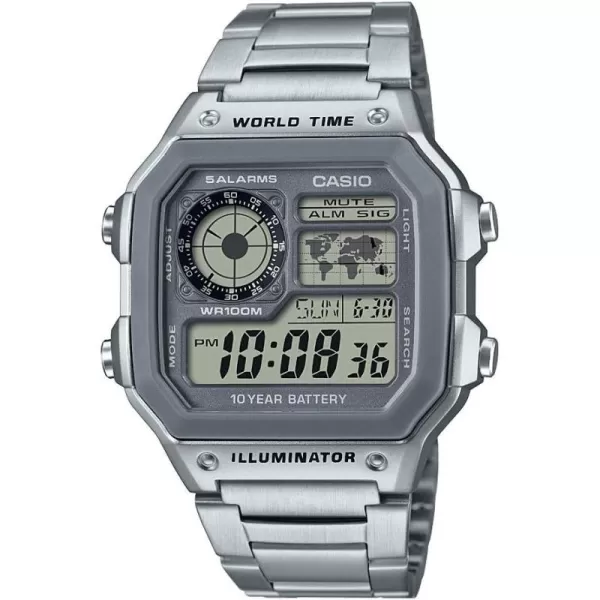 Casio AE1200WH Series  Mens Digital Watch  100M WR  Multi Alarms  100 SEC Stopwatch  Countdown Timer  World Map for World Time  LED Light  LC Analog Display  10 Year BatterySilver