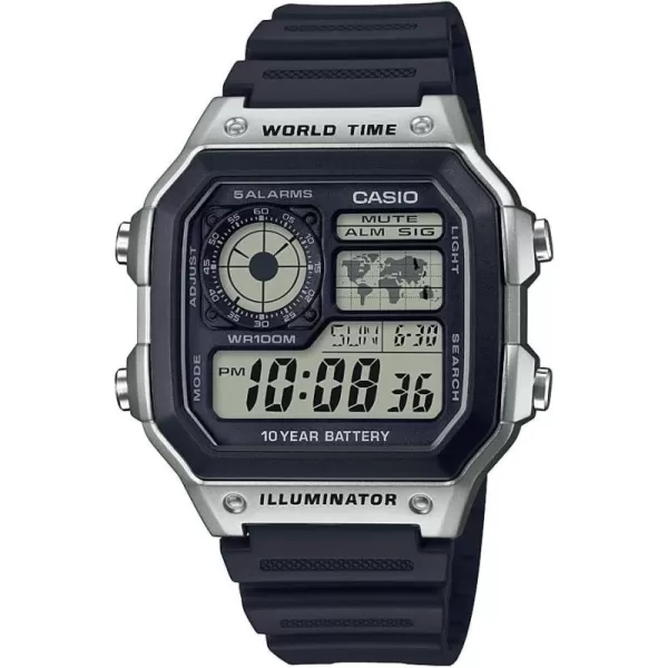 Casio AE1200WH Series  Mens Digital Watch  100M WR  Multi Alarms  100 SEC Stopwatch  Countdown Timer  World Map for World Time  LED Light  LC Analog Display  10 Year BatteryBlack