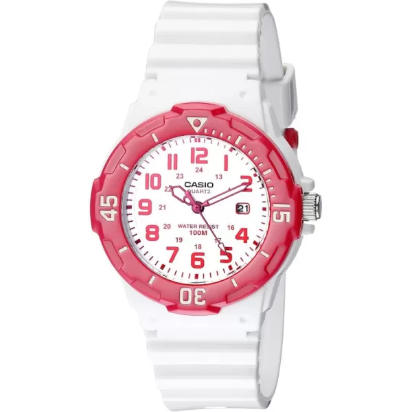 Casio MDV106 Series  Unisex Analog Watch  200M WR  Stainless Steel Case  Resin Band  2 Hand Analog HR Min SEC  Date Display  Screw Down CrownScrew Down Caseback  3 Year BatteryWhite Pink