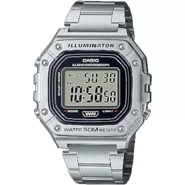 Casio W218H Series  Mens Digital Watch  50M WR  1100 Second Stopwatch  100 SEC Chronograph  LED Backlight  Countdown Timer  Daily Alarm  Hourly Time Signal  7 Year BatterySilver