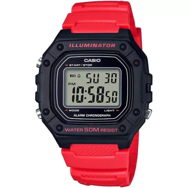 Casio W218H Series  Mens Digital Watch  50M WR  1100 Second Stopwatch  100 SEC Chronograph  LED Backlight  Countdown Timer  Daily Alarm  Hourly Time Signal  7 Year BatteryBlackRed