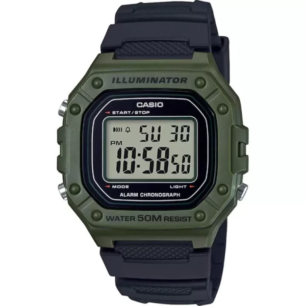 Casio W218H Series  Mens Digital Watch  50M WR  1100 Second Stopwatch  100 SEC Chronograph  LED Backlight  Countdown Timer  Daily Alarm  Hourly Time Signal  7 Year BatteryBlackGreen