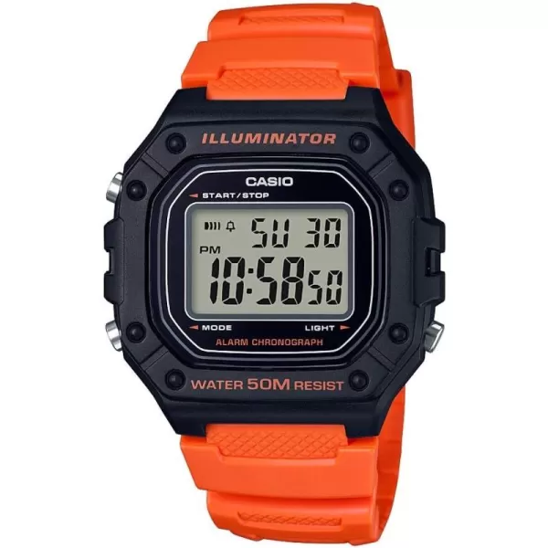 Casio W218H Series  Mens Digital Watch  50M WR  1100 Second Stopwatch  100 SEC Chronograph  LED Backlight  Countdown Timer  Daily Alarm  Hourly Time Signal  7 Year BatteryBlackOrange