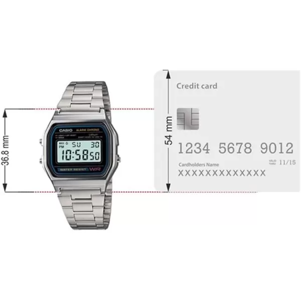 Casio A158WA Series  Unisex Digital Watch  Vintage  WR  100 SEC Stop Watch  Daily Alarm  Regular Time Keeping Hour Minute Second PM Date Day  Led Light  7 Yr BatterySilver