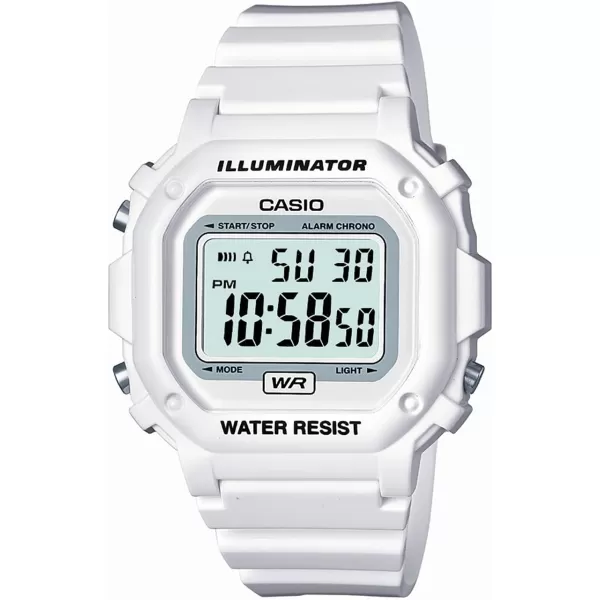 Casio F108WH Series  Mens Digital Watch  Illuminator  Water Resistant  LED Light  Daily Alarm  1100 SEC Stopwatch  3 Hands HR Min SEC  DateDay Display  Daily Alarm  7 Year BatteryWhite