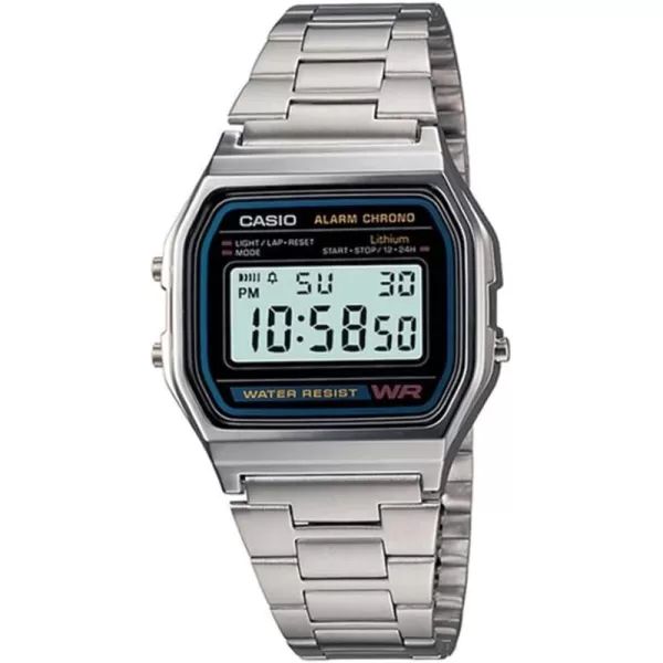 Casio A158WA Series  Unisex Digital Watch  Vintage  WR  100 SEC Stop Watch  Daily Alarm  Regular Time Keeping Hour Minute Second PM Date Day  Led Light  7 Yr BatterySilver