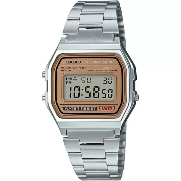 Casio A158WA Series  Unisex Digital Watch  Vintage  WR  100 SEC Stop Watch  Daily Alarm  Regular Time Keeping Hour Minute Second PM Date Day  Led Light  7 Yr BatterySilverGold