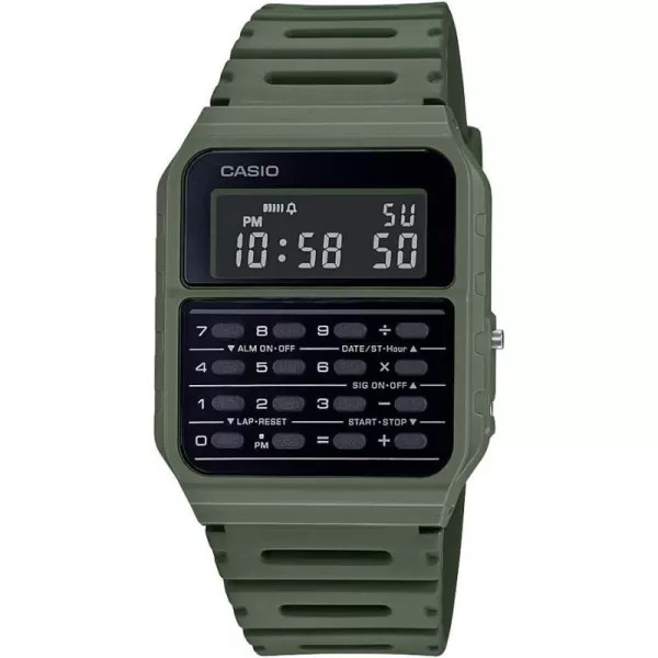 Casio CA53W Vintage Series  Data Bank  1100 SEC Stopwatch  Water Resistant  8 Digit Calculator  Dual Time  Resin Band  Resin Case  Auto Calendar  Daily Alarm  5 Year BatteryGreen