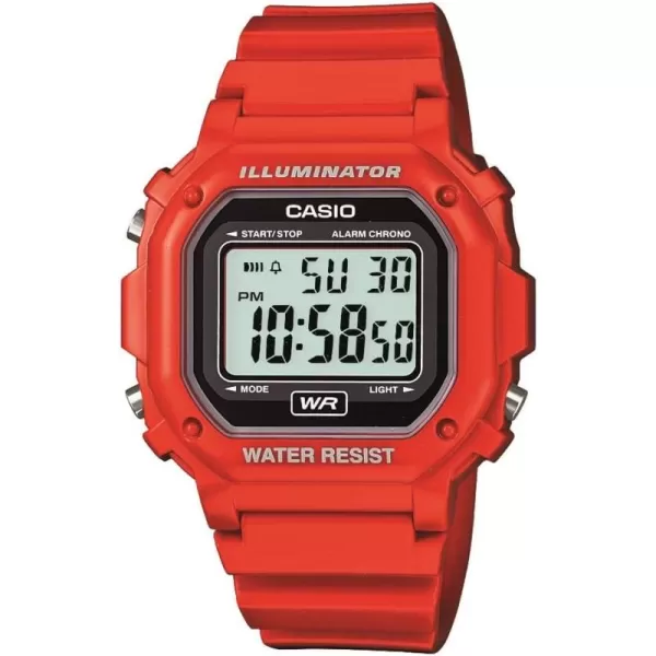 Casio F108WH Series  Mens Digital Watch  Illuminator  Water Resistant  LED Light  Daily Alarm  1100 SEC Stopwatch  3 Hands HR Min SEC  DateDay Display  Daily Alarm  7 Year BatteryRed