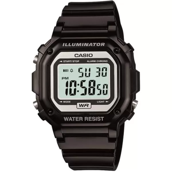 Casio F108WH Series  Mens Digital Watch  Illuminator  Water Resistant  LED Light  Daily Alarm  1100 SEC Stopwatch  3 Hands HR Min SEC  DateDay Display  Daily Alarm  7 Year BatteryBlack