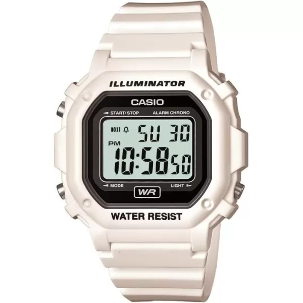 Casio F108WH Series  Mens Digital Watch  Illuminator  Water Resistant  LED Light  Daily Alarm  1100 SEC Stopwatch  3 Hands HR Min SEC  DateDay Display  Daily Alarm  7 Year BatteryWhite