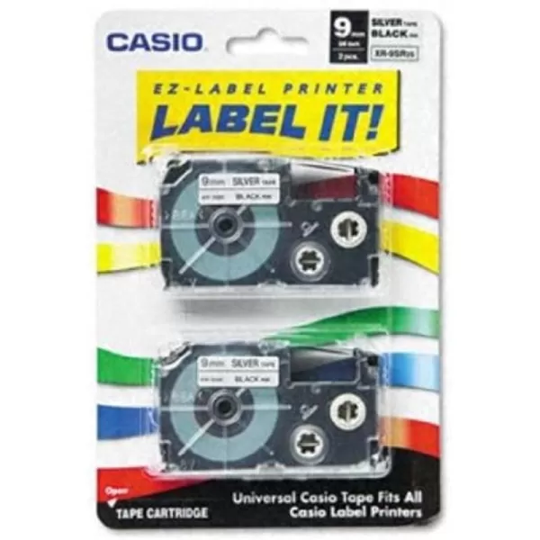 Casio XR9SR2S 14quot9mm Labelling Tape Black on Silver Pack of 2 XR9SR2S