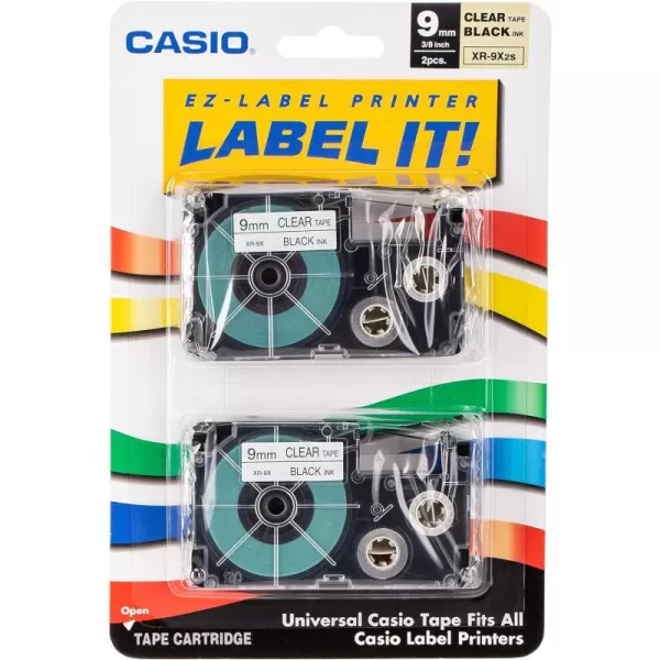 Casio XR9X2S 14quot9mm Labelling Tape Black on Clear Pack of 2