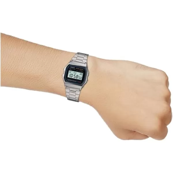 Casio A158WA Series  Unisex Digital Watch  Vintage  WR  100 SEC Stop Watch  Daily Alarm  Regular Time Keeping Hour Minute Second PM Date Day  Led Light  7 Yr BatterySilver