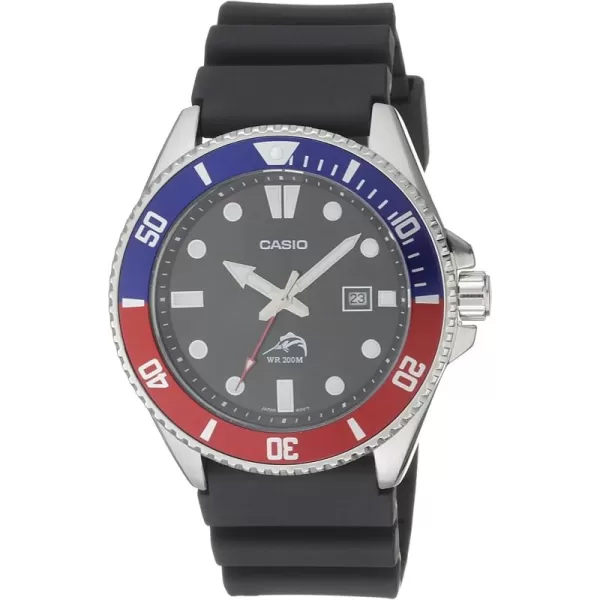 Casio MDV106 Series  Unisex Analog Watch  200M WR  Stainless Steel Case  Resin Band  2 Hand Analog HR Min SEC  Date Display  Screw Down CrownScrew Down Caseback  3 Year BatteryBlueRed