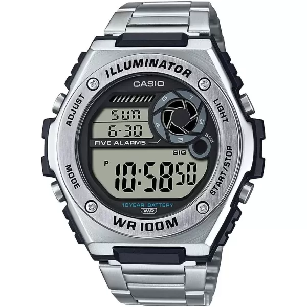 imageCasio MWD100H Series  Mens Digital Watch  1100 SEC Stopwatch  Countdown Timer  LED Light  100 Meter Water Resistance  Multi Function Alarm  Auto Calendar  Dual Time  10 Yr BatterySilver