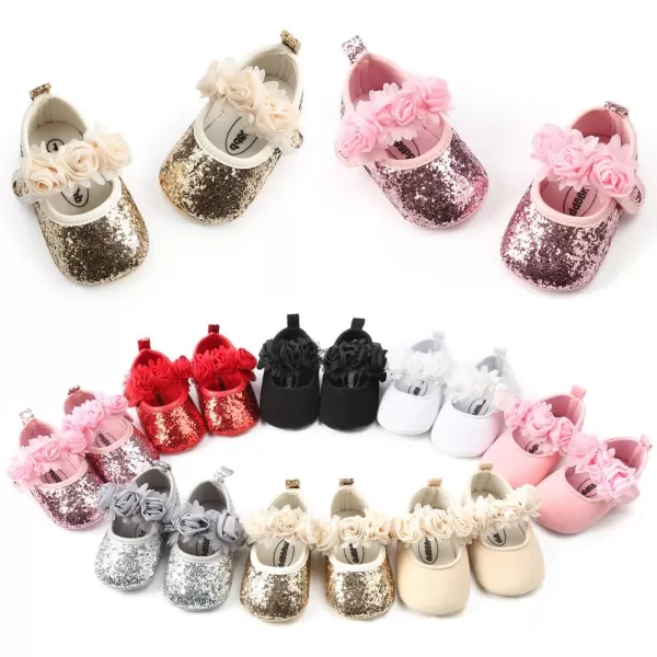 Antheron Baby Girls Mary Jane Flats Soft Sole Infant Moccasins Floral Sparkly Toddler Princess Dress ShoesA0White