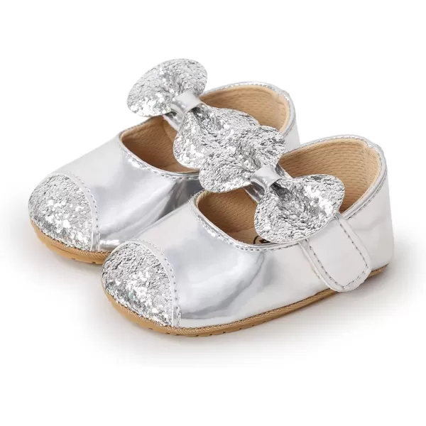 Antheron Baby Girls Mary Jane Flats Soft Sole Infant Moccasins Floral Sparkly Toddler Princess Dress ShoesA2Silver