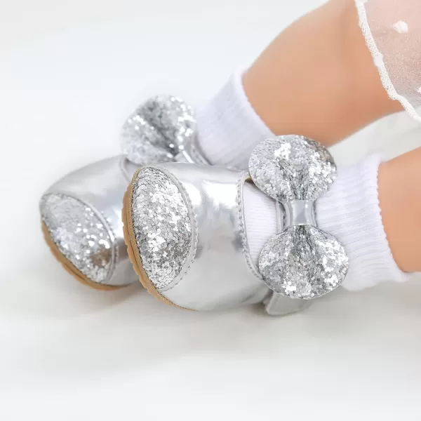 Antheron Baby Girls Mary Jane Flats Soft Sole Infant Moccasins Floral Sparkly Toddler Princess Dress ShoesA2Silver