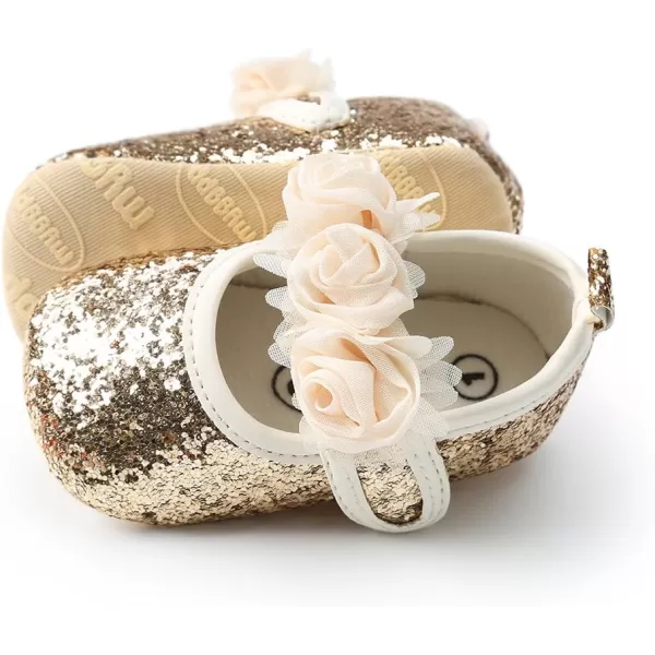 Antheron Baby Girls Mary Jane Flats Soft Sole Infant Moccasins Floral Sparkly Toddler Princess Dress ShoesAGold