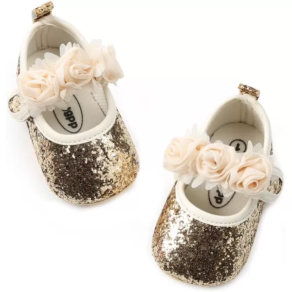 Antheron Baby Girls Mary Jane Flats Soft Sole Infant Moccasins Floral Sparkly Toddler Princess Dress ShoesAGold
