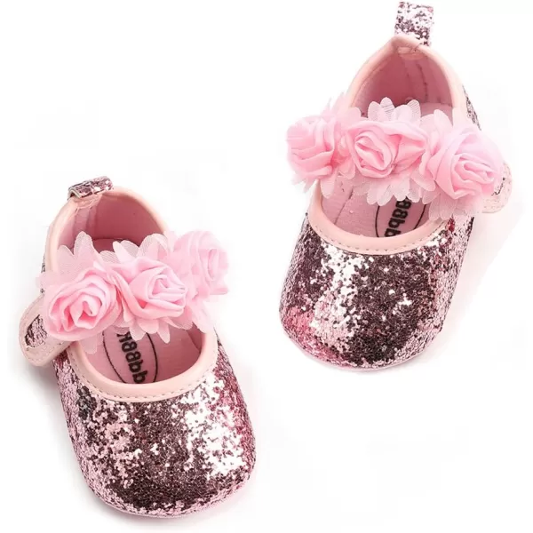 Antheron Baby Girls Mary Jane Flats Soft Sole Infant Moccasins Floral Sparkly Toddler Princess Dress ShoesAPink