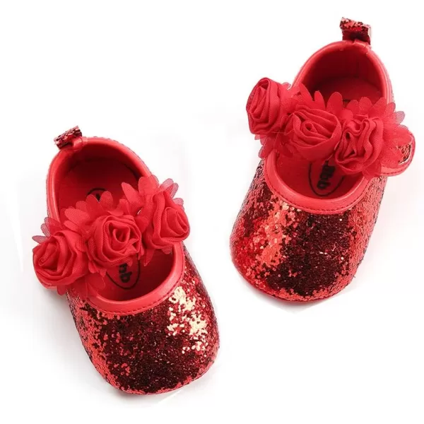 Antheron Baby Girls Mary Jane Flats Soft Sole Infant Moccasins Floral Sparkly Toddler Princess Dress ShoesARed