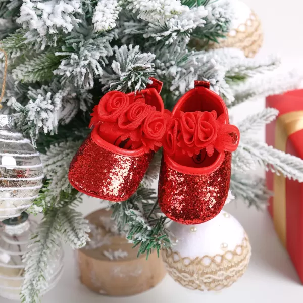 Antheron Baby Girls Mary Jane Flats Soft Sole Infant Moccasins Floral Sparkly Toddler Princess Dress ShoesARed