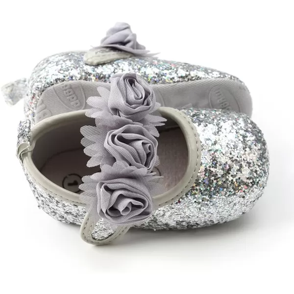 Antheron Baby Girls Mary Jane Flats Soft Sole Infant Moccasins Floral Sparkly Toddler Princess Dress ShoesASilver