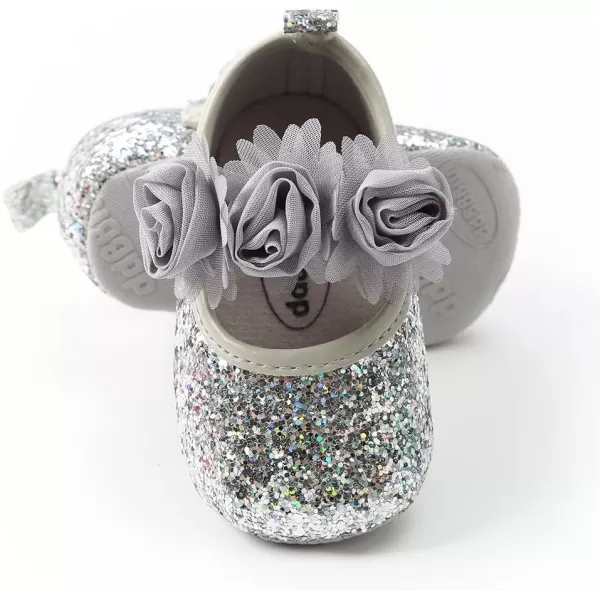 Antheron Baby Girls Mary Jane Flats Soft Sole Infant Moccasins Floral Sparkly Toddler Princess Dress ShoesASilver