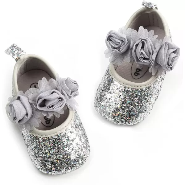 Antheron Baby Girls Mary Jane Flats Soft Sole Infant Moccasins Floral Sparkly Toddler Princess Dress ShoesASilver