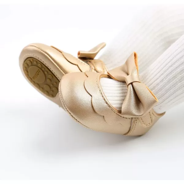 Antheron Baby Girls Mary Jane Flats with Bowknot NonSlip Toddler First Walkers Princess Dress ShoesA01Gold