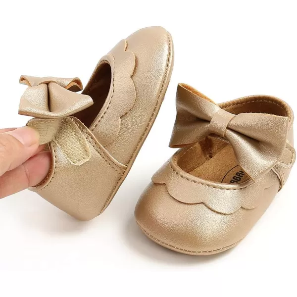 Antheron Baby Girls Mary Jane Flats with Bowknot NonSlip Toddler First Walkers Princess Dress ShoesA01Gold