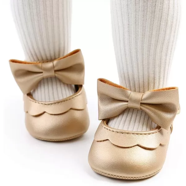 Antheron Baby Girls Mary Jane Flats with Bowknot NonSlip Toddler First Walkers Princess Dress ShoesA01Gold