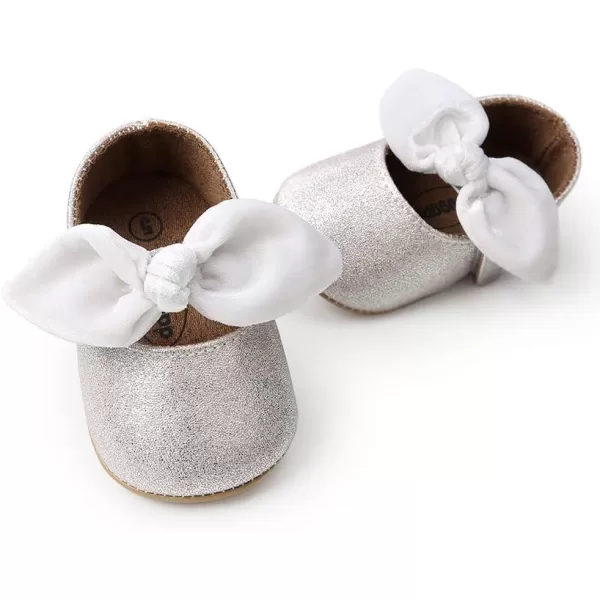 Antheron Baby Girls Mary Jane Flats with Bowknot NonSlip Toddler First Walkers Princess Dress ShoesASilvery White
