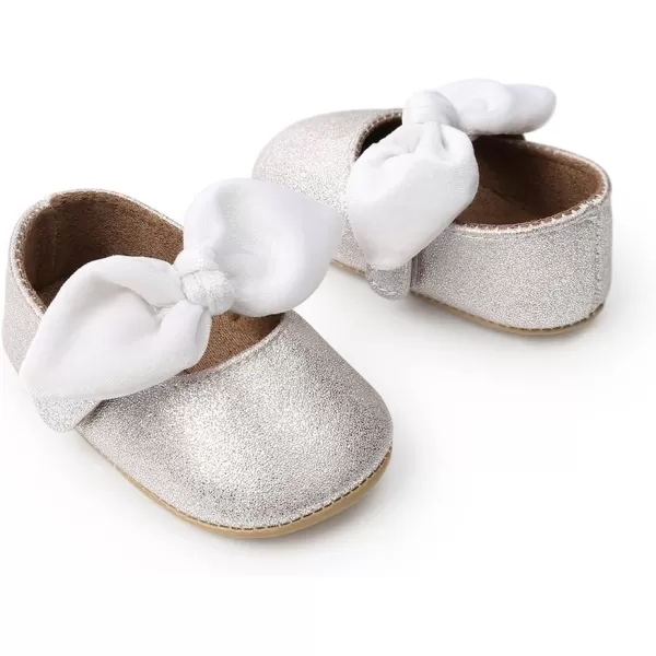 Antheron Baby Girls Mary Jane Flats with Bowknot NonSlip Toddler First Walkers Princess Dress ShoesASilvery White