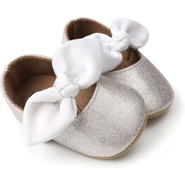 Antheron Baby Girls Mary Jane Flats with Bowknot NonSlip Toddler First Walkers Princess Dress ShoesASilvery White