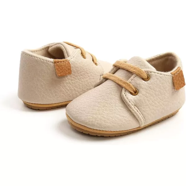 SOFMUO Baby Boys Girls Lace Up Leather Sneakers Soft Rubber Sole Infant Moccasins Newborn Oxford Loafers AntiSlip Toddler Wedding Uniform Dress ShoesABeige